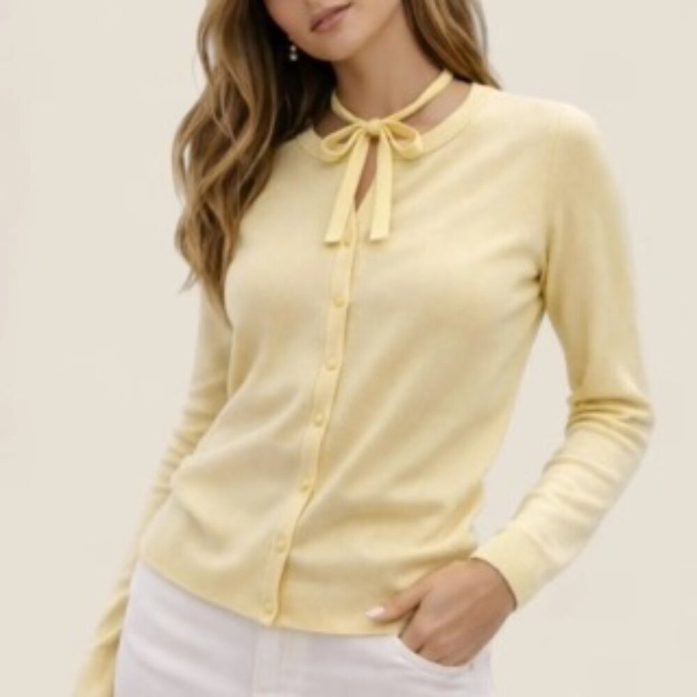 Butter Yellow knit button sweater w/ neck tie detail Carolyn Bessette Kennedy L